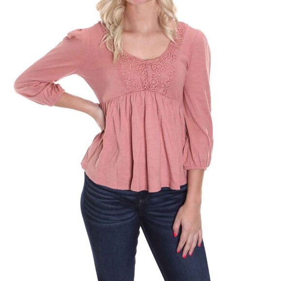 Derek Heart  Knit Lace Trim Long Sleeve Peasant Top - Picture 1 of 7